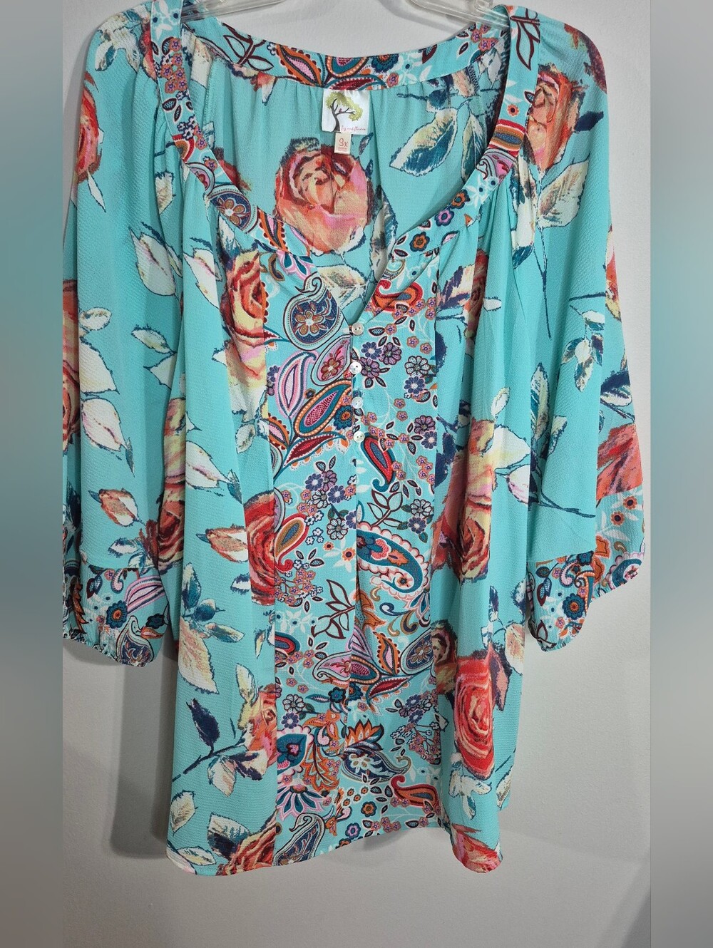 fig and flower Turquoise Floral Paisley Tunic with Coral Rose Accents Size 3X